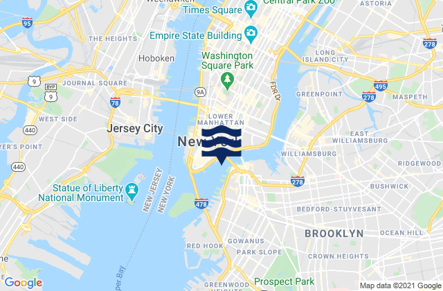 Mapa da tábua de marés em Brooklyn Bridge 0.1 mile southwest of, United States