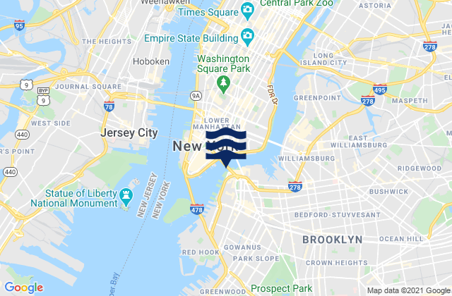 Mapa da tábua de marés em Brooklyn Bridge, United States