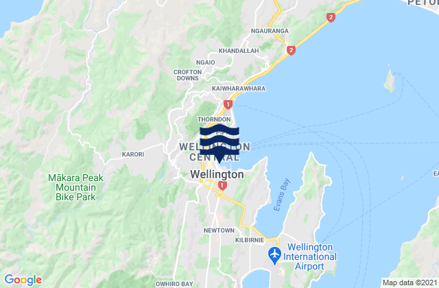 Mapa da tábua de marés em Brooklyn, New Zealand