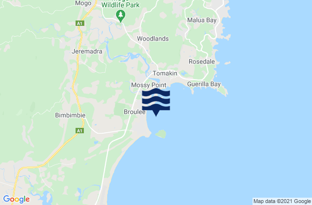 Mapa da tábua de marés em Broulee Island, Australia