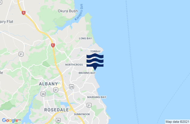 Mapa da tábua de marés em Browns Bay, New Zealand