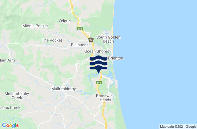 Mapa da tábua de marés em Brunswick River-South, Australia