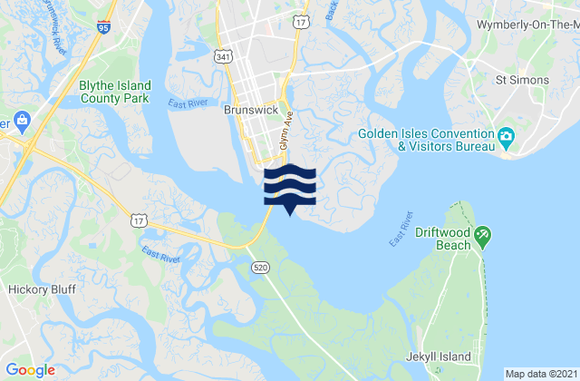 Mapa da tábua de marés em Brunswick River Bridge southeast of, United States