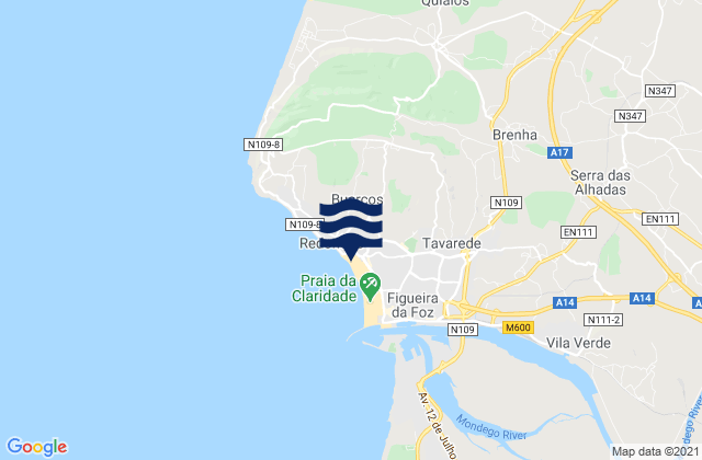 Mapa da tábua de marés em Buarcos, Portugal