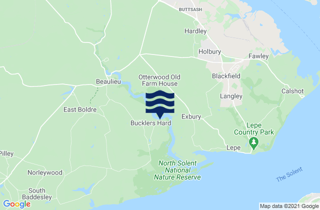Mapa da tábua de marés em Bucklers Hard, United Kingdom