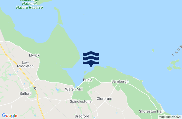 Mapa da tábua de marés em Budle Bay, United Kingdom