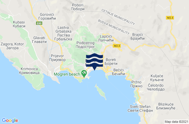 Mapa da tábua de marés em Budva, Montenegro