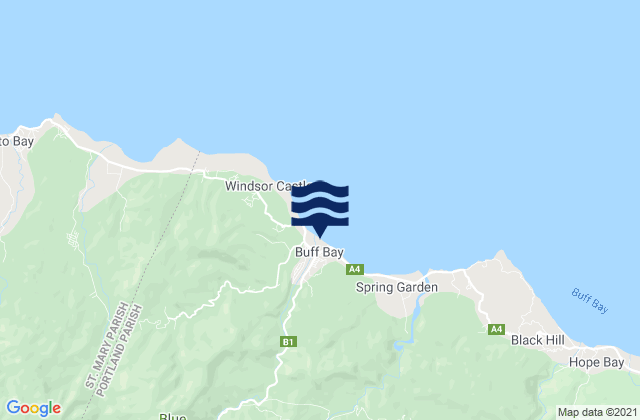 Mapa da tábua de marés em Buff Bay, Jamaica