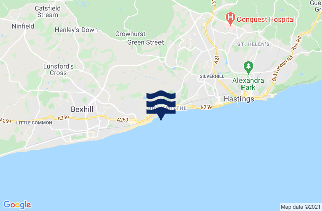 Mapa da tábua de marés em Bulverhythe Beach, United Kingdom