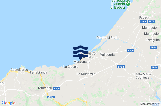 Mapa da tábua de marés em Bulzi, Italy