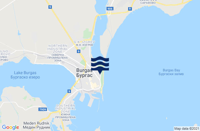 Mapa da tábua de marés em Burgas, Bulgaria