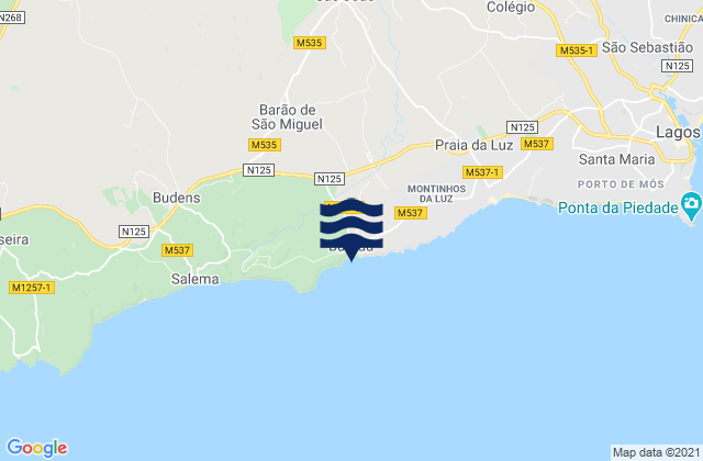 Mapa da tábua de marés em Burgau, Portugal