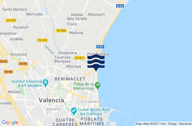 Mapa da tábua de marés em Burjassot, Spain