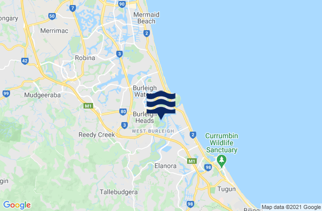 Mapa da tábua de marés em Burleigh Heads, Australia