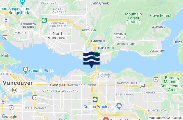 Mapa da tábua de marés em Burnaby, Canada