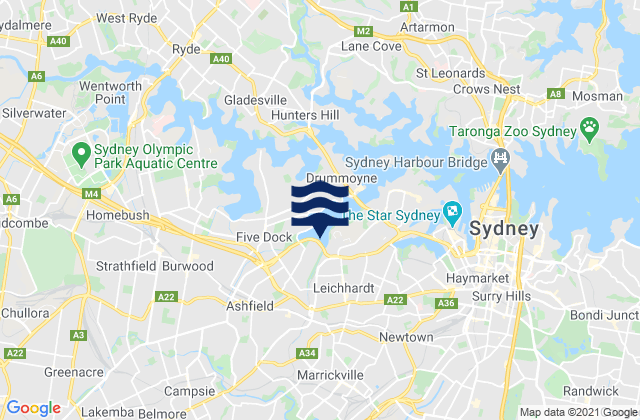 Mapa da tábua de marés em Burwood, Australia