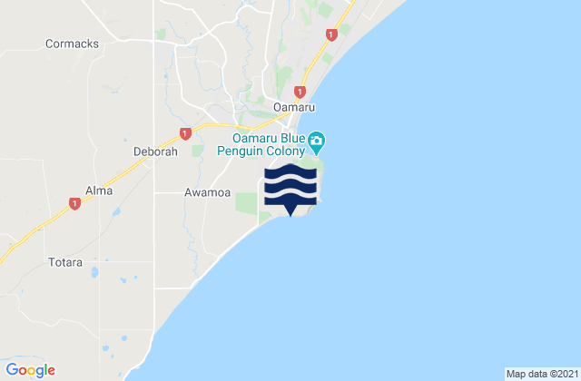 Mapa da tábua de marés em Bushy Beach, New Zealand