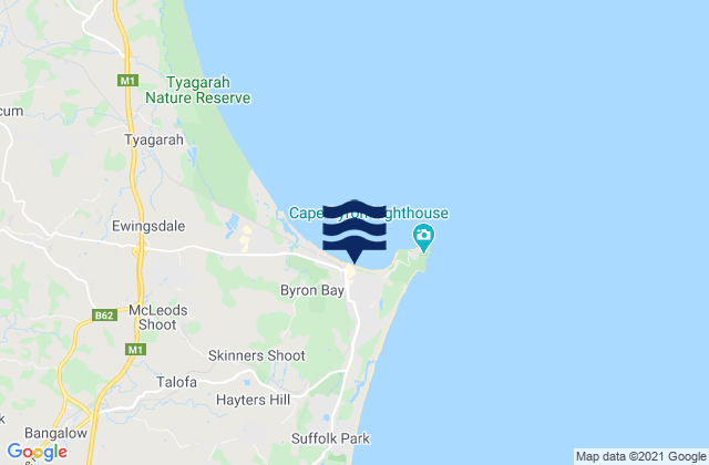 Mapa da tábua de marés em Byron Bay - The Wreck, Australia