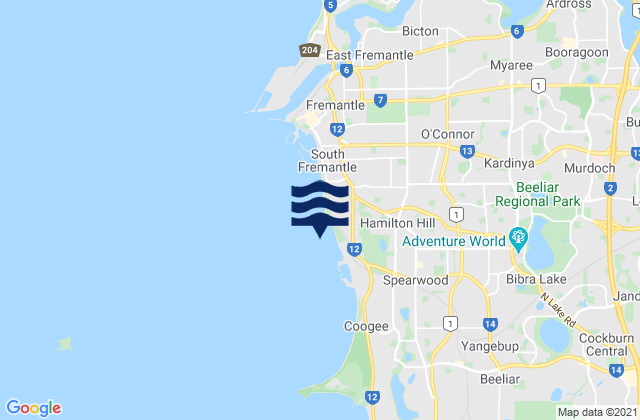 Mapa da tábua de marés em C Y O’Connor Beach, Australia
