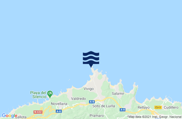 Mapa da tábua de marés em Cabo Vidio, Spain
