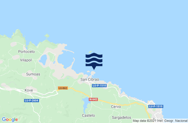 Mapa da tábua de marés em Cabo de San Cibrao, Spain