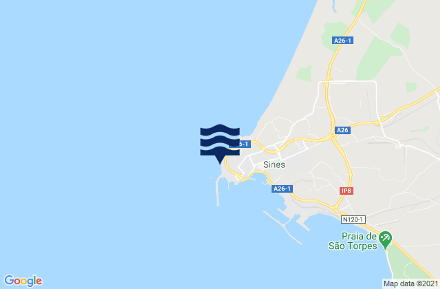 Mapa da tábua de marés em Cabo de Sines, Portugal