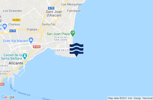 Mapa da tábua de marés em Cabo de las Huertas, Spain