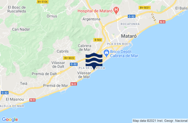 Mapa da tábua de marés em Cabrera de Mar, Spain
