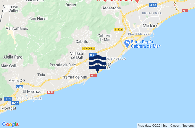 Mapa da tábua de marés em Cabrils, Spain