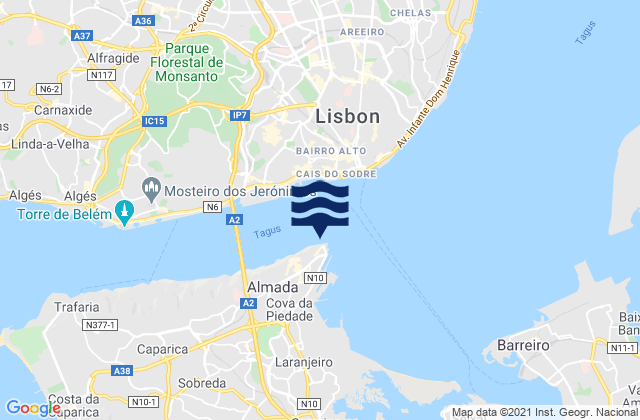 Mapa da tábua de marés em Cacilhas, Portugal