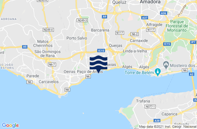 Mapa da tábua de marés em Cacém, Portugal