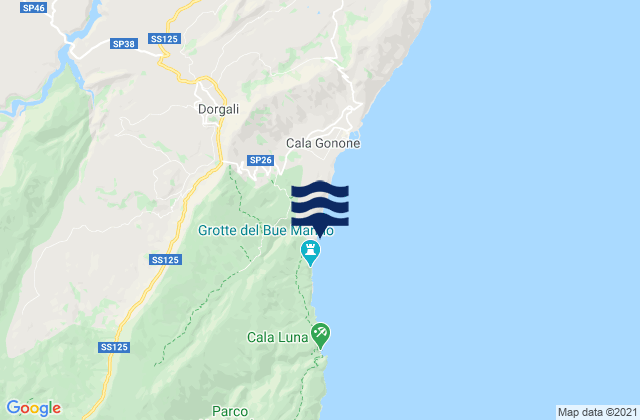 Mapa da tábua de marés em Cala Fuili, Italy