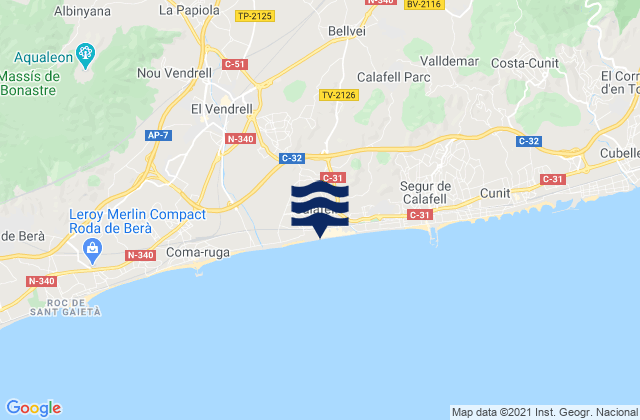 Mapa da tábua de marés em Calafell, Spain