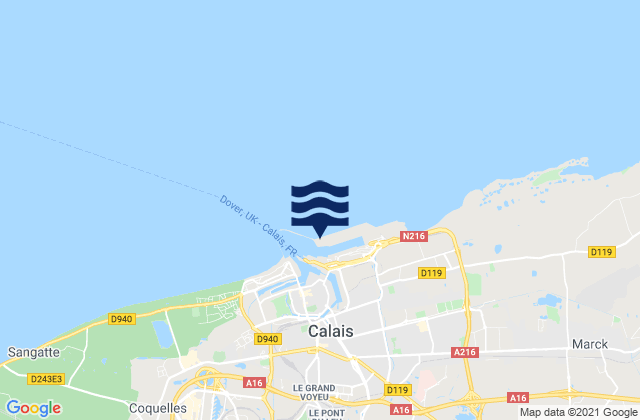 Mapa da tábua de marés em Calais, France