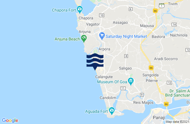 Mapa da tábua de marés em Calangute, India