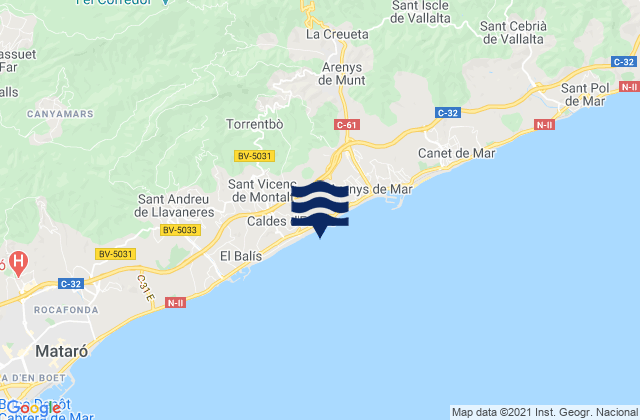 Mapa da tábua de marés em Caldes d'Estrac, Spain