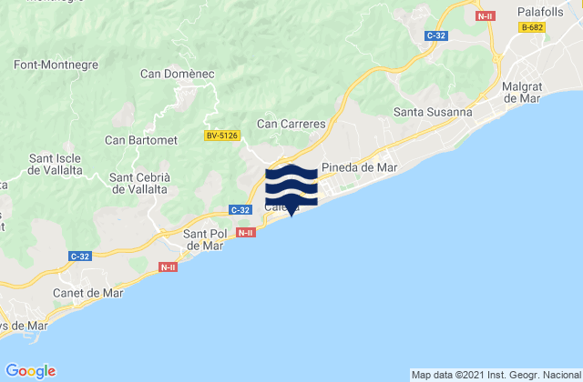 Mapa da tábua de marés em Calella, Spain