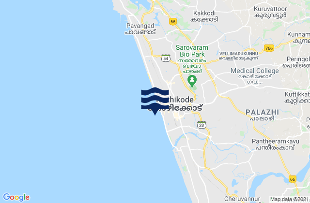 Mapa da tábua de marés em Calicut, India