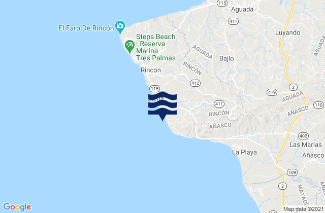 Mapa da tábua de marés em Calvache Barrio, Puerto Rico
