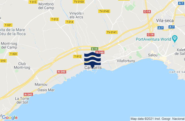 Mapa da tábua de marés em Cambrils, Spain