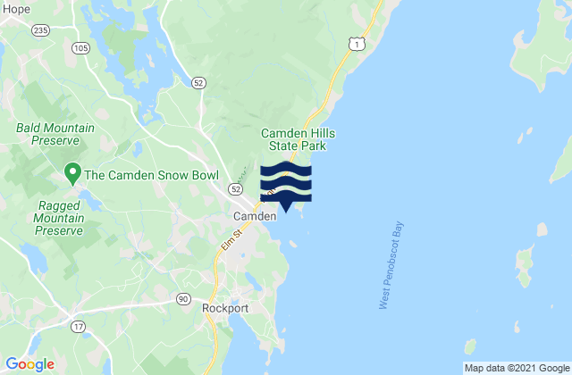 Mapa da tábua de marés em Camden Harbor, United States