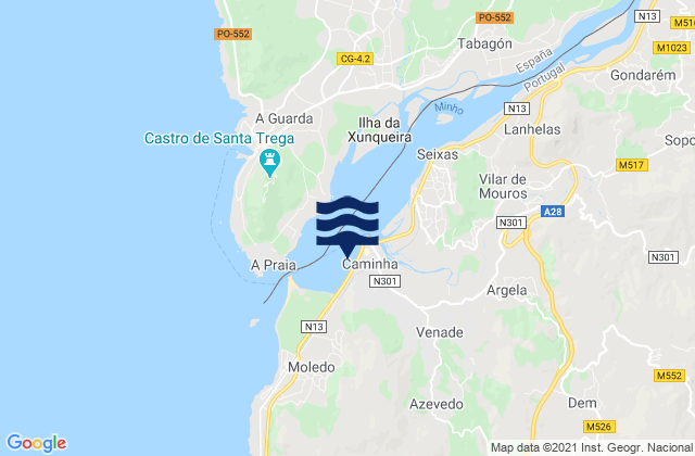Mapa da tábua de marés em Caminha, Portugal