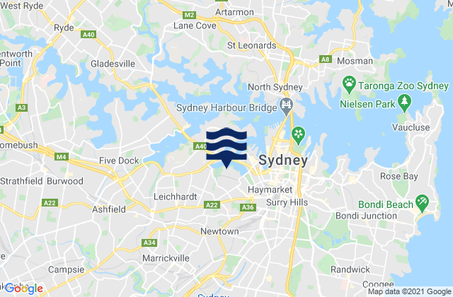 Mapa da tábua de marés em Camperdown, Australia