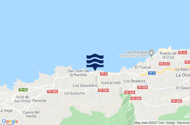 Mapa da tábua de marés em Canarias, Spain