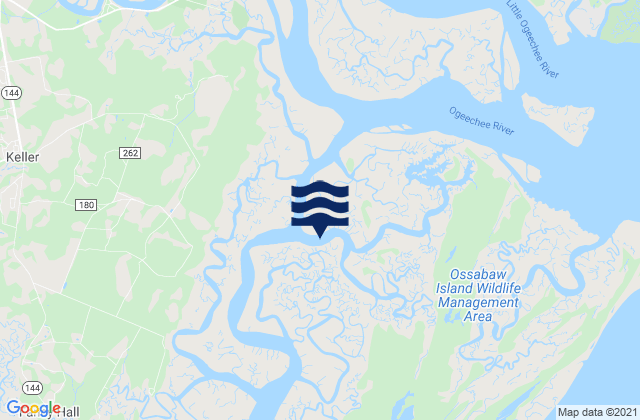 Mapa da tábua de marés em Cane Patch Creek Entrance, United States