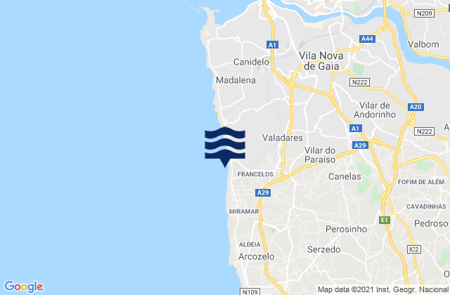 Mapa da tábua de marés em Canelas, Portugal