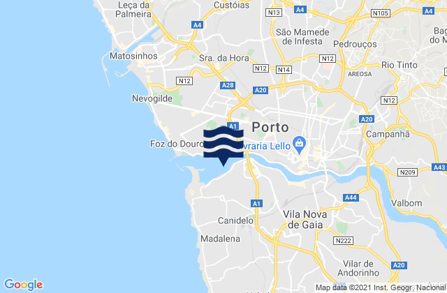 Mapa da tábua de marés em Canidelo, Portugal