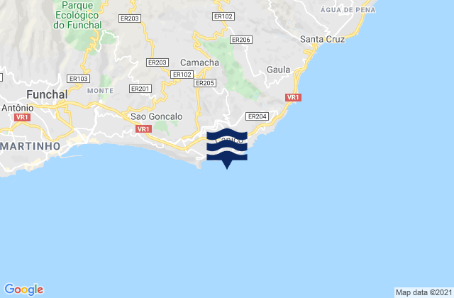 Mapa da tábua de marés em Caniço, Portugal