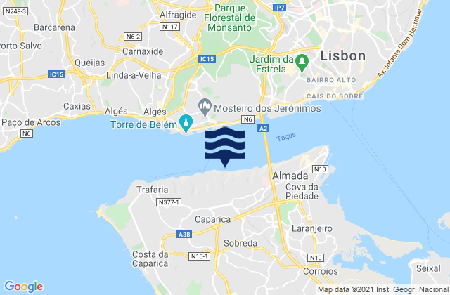 Mapa da tábua de marés em Caparica, Portugal
