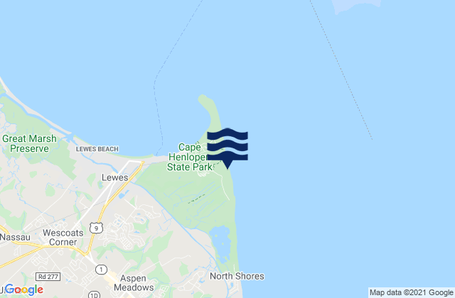 Mapa da tábua de marés em Cape Henlopen Bay, United States